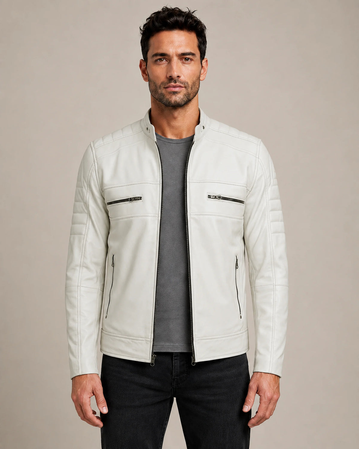 Luxury Men’s Off White Biker Leather Jacket with Mandarin Collar