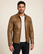Elite Men's Camel Brown Biker Style Leather Jacket with Upright Collar
