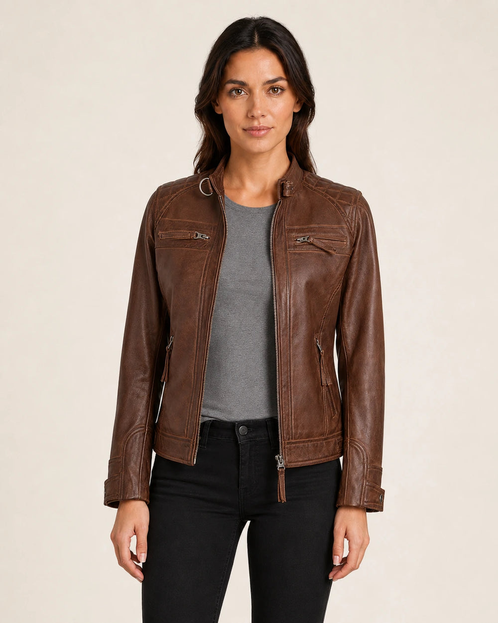 The Royal Women’s Cognac Lambskin Leather Biker Jacket with Quilted Shoulders
