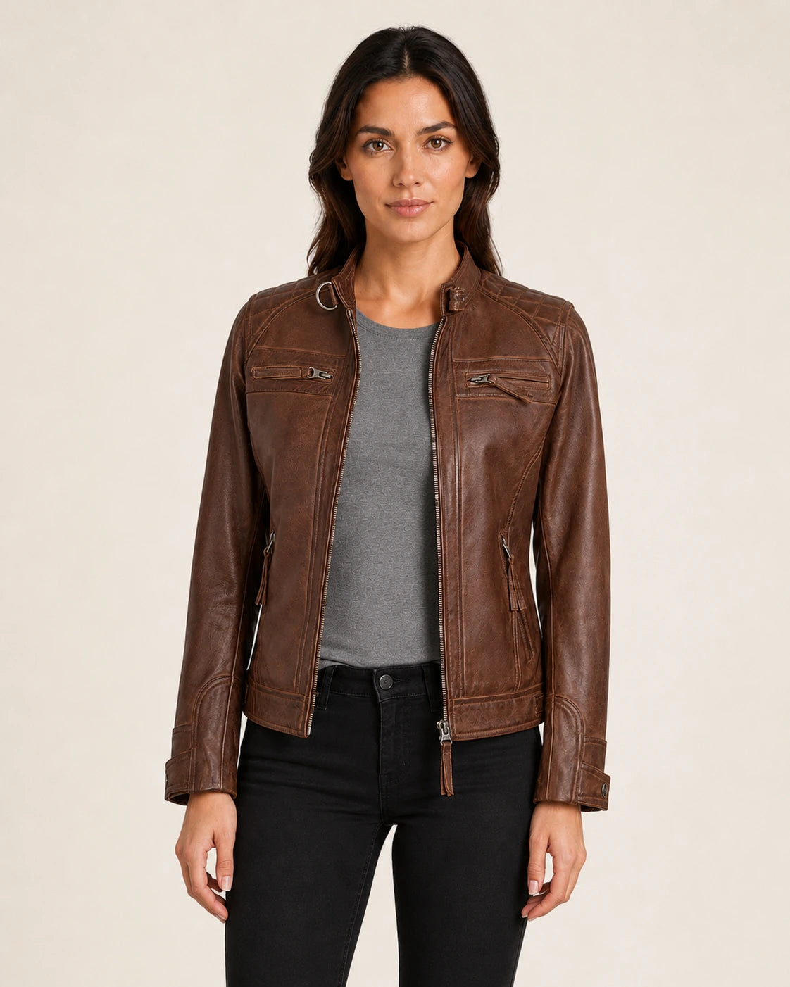 The Royal Women’s Cognac Lambskin Leather Biker Jacket with Quilted Shoulders