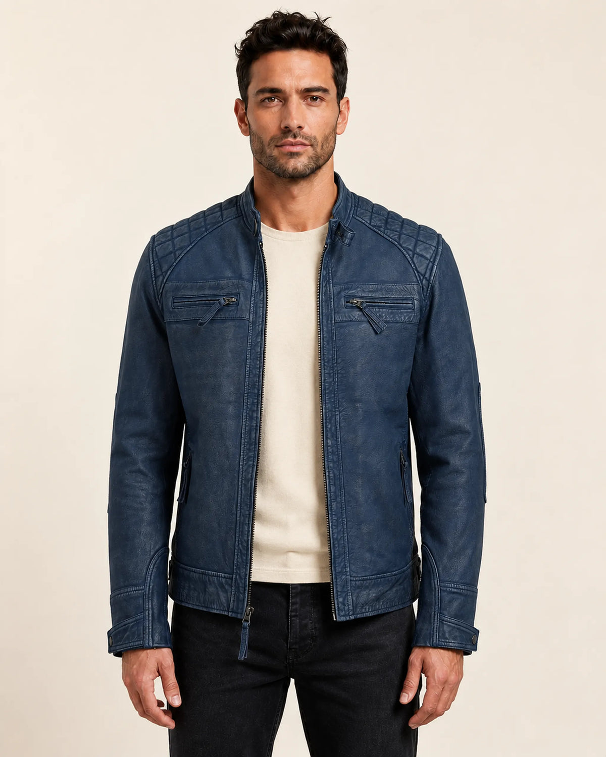 Heritage Men's Blue Leather Biker Jacket