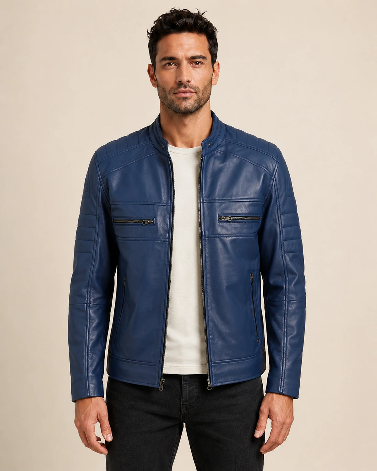 Classic Men's Blue Café Racer Leather Biker Jacket with Zip Cuffs