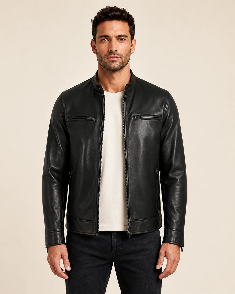 Modern Men's Black Biker Style Leather Jacket with Mandarin Collar