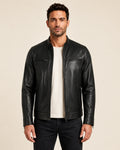 Modern Men's Black Biker Style Leather Jacket with Mandarin Collar