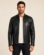 Modern Men's Black Biker Style Leather Jacket with Mandarin Collar