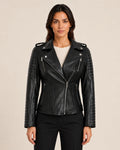 Women's Black Biker Real Leather Jacket — Removable Hood