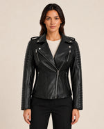 Women's Black Biker Real Leather Jacket — Removable Hood