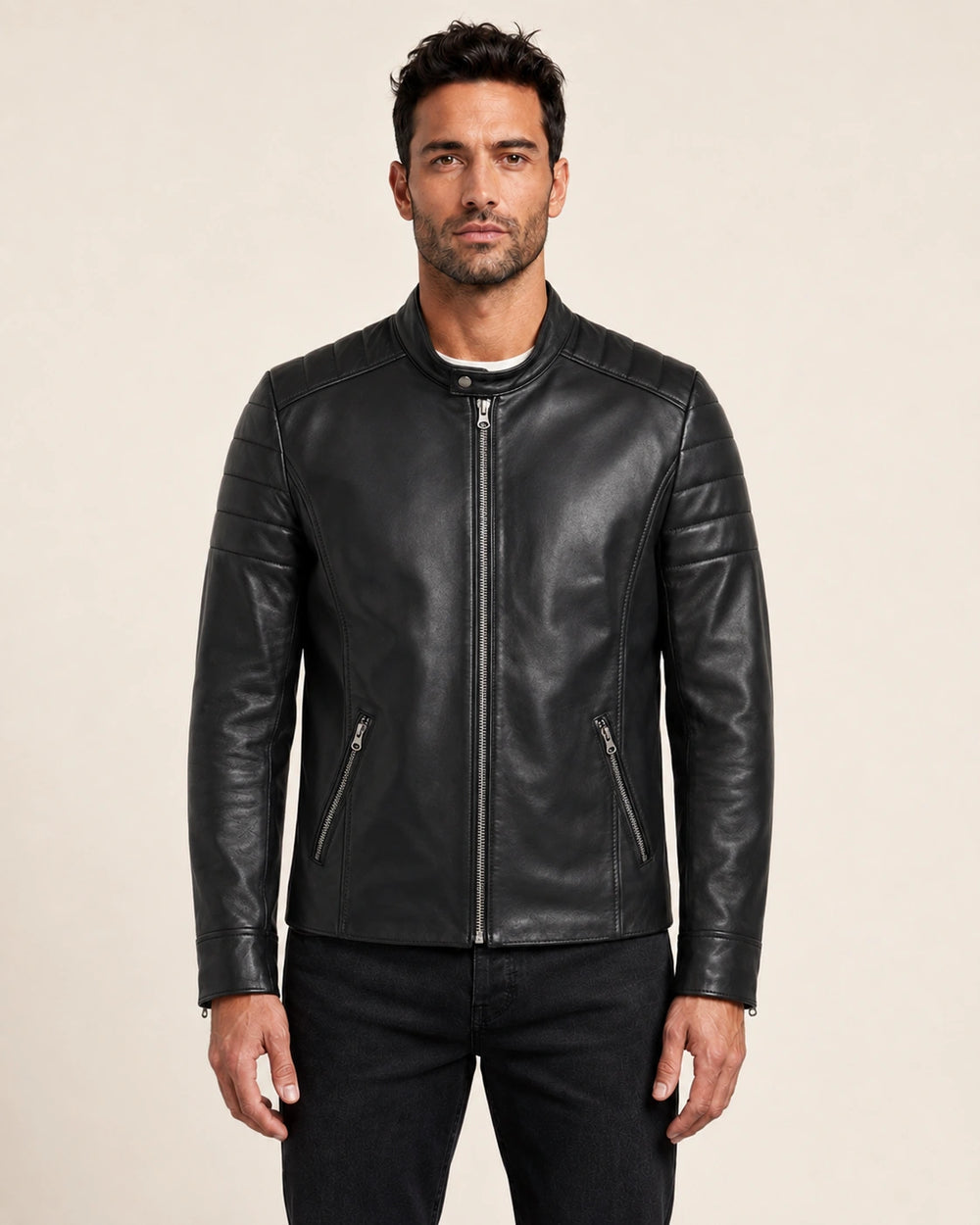 Men's Classic Black Leather Cafe Racer Jacket