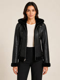 Women’s Black Hooded Leather Jacket with Faux Fur Trim