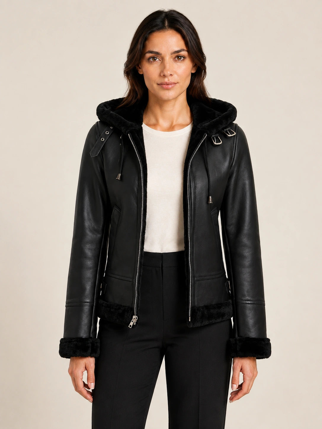 Women’s Black Hooded Leather Jacket with Faux Fur Trim