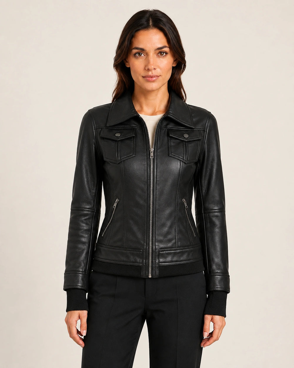 Women's Black Hooded Leather Jacket — Removable Hood