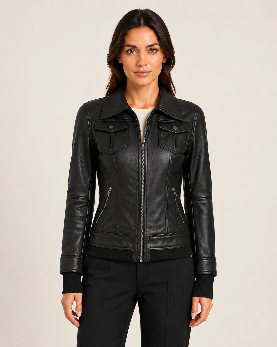 Women's Black Hooded Leather Jacket — Removable Hood