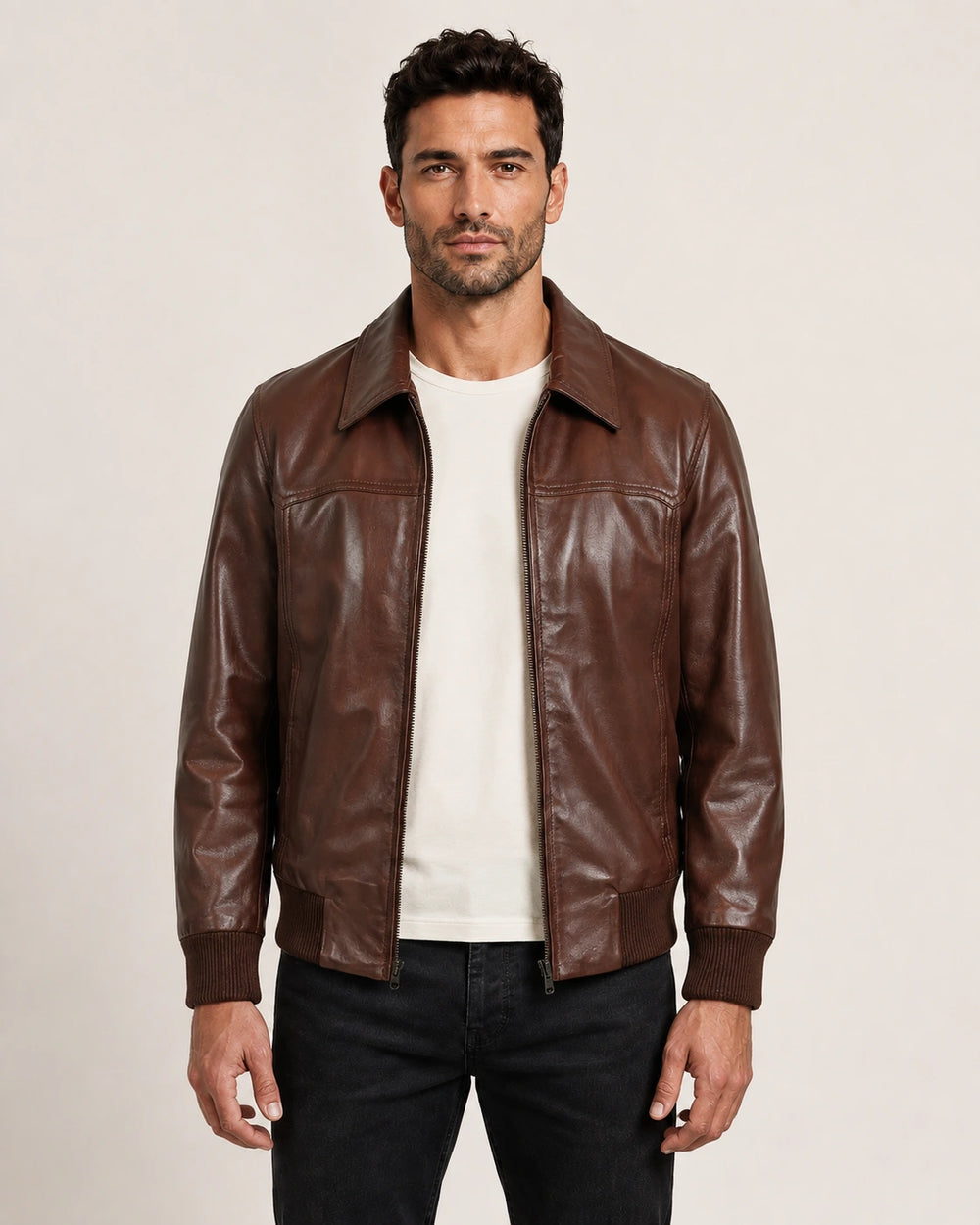 Men's Brown Leather Bomber Jacket