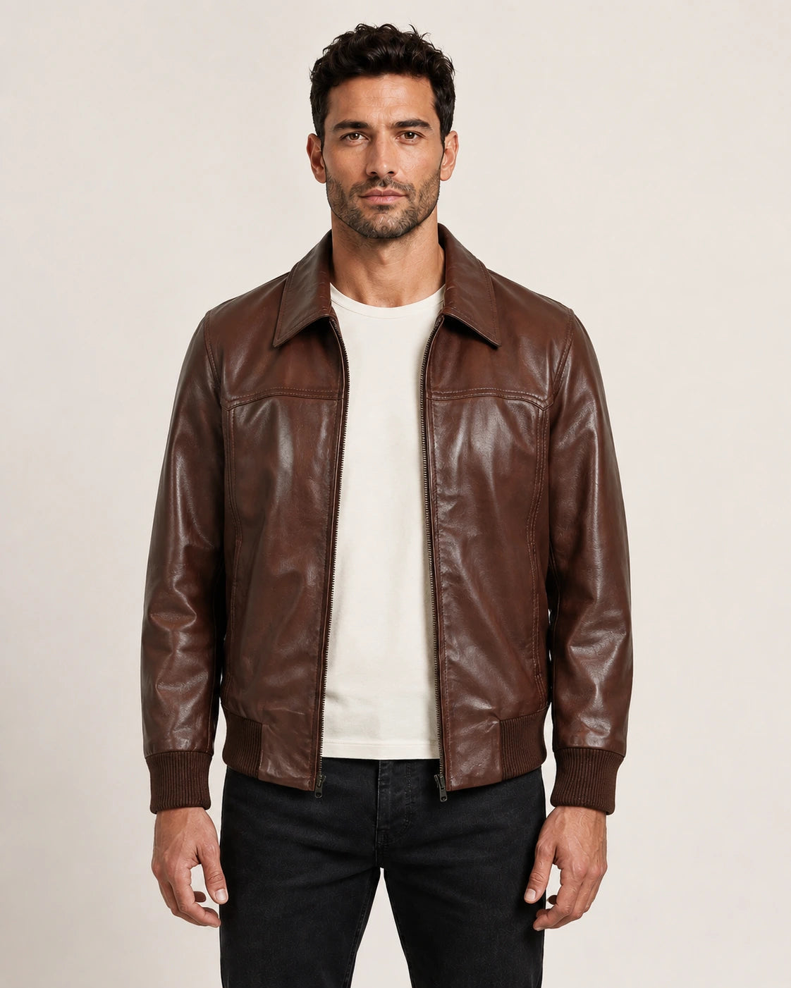 Men's Brown Leather Bomber Jacket
