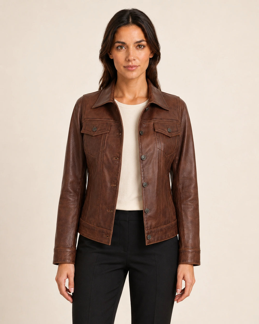 Women's Cognac Brown Trucker Leather Jacket