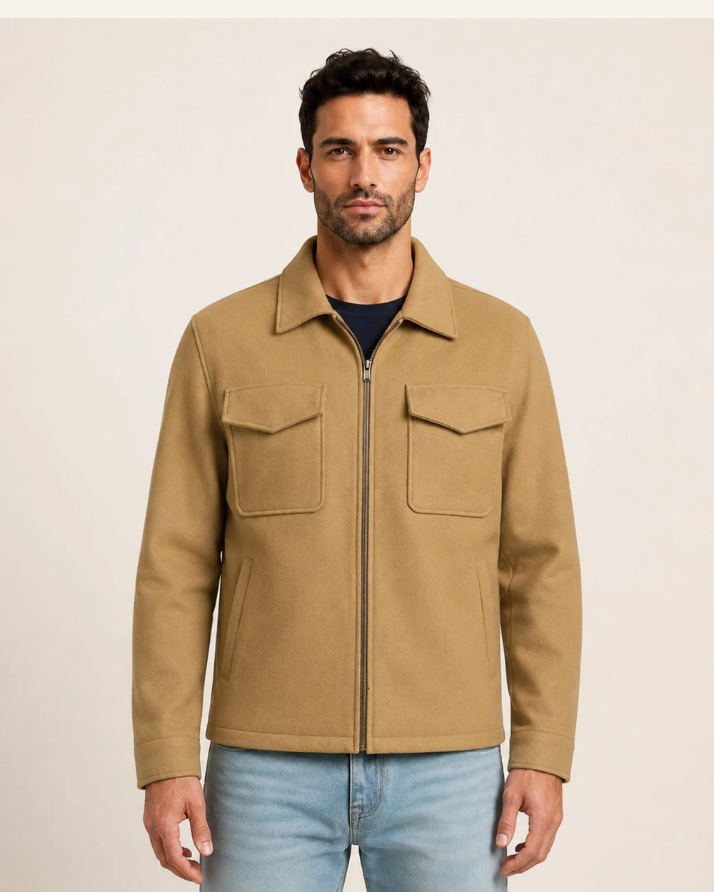 Premium Men's Camel Brown Wool-Blend Trucker Zipper Jacket
