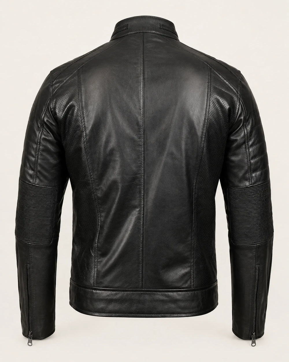 Modern Men's Black Real Leather Biker-Style Jacket with Stand-Up Collar