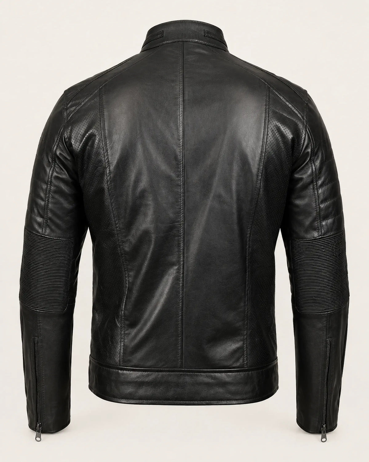Modern Men's Black Real Leather Biker-Style Jacket with Stand-Up Collar