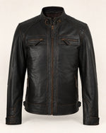 Premium Men's Dark Brown Biker Leather Jacket with Quilted Shoulders