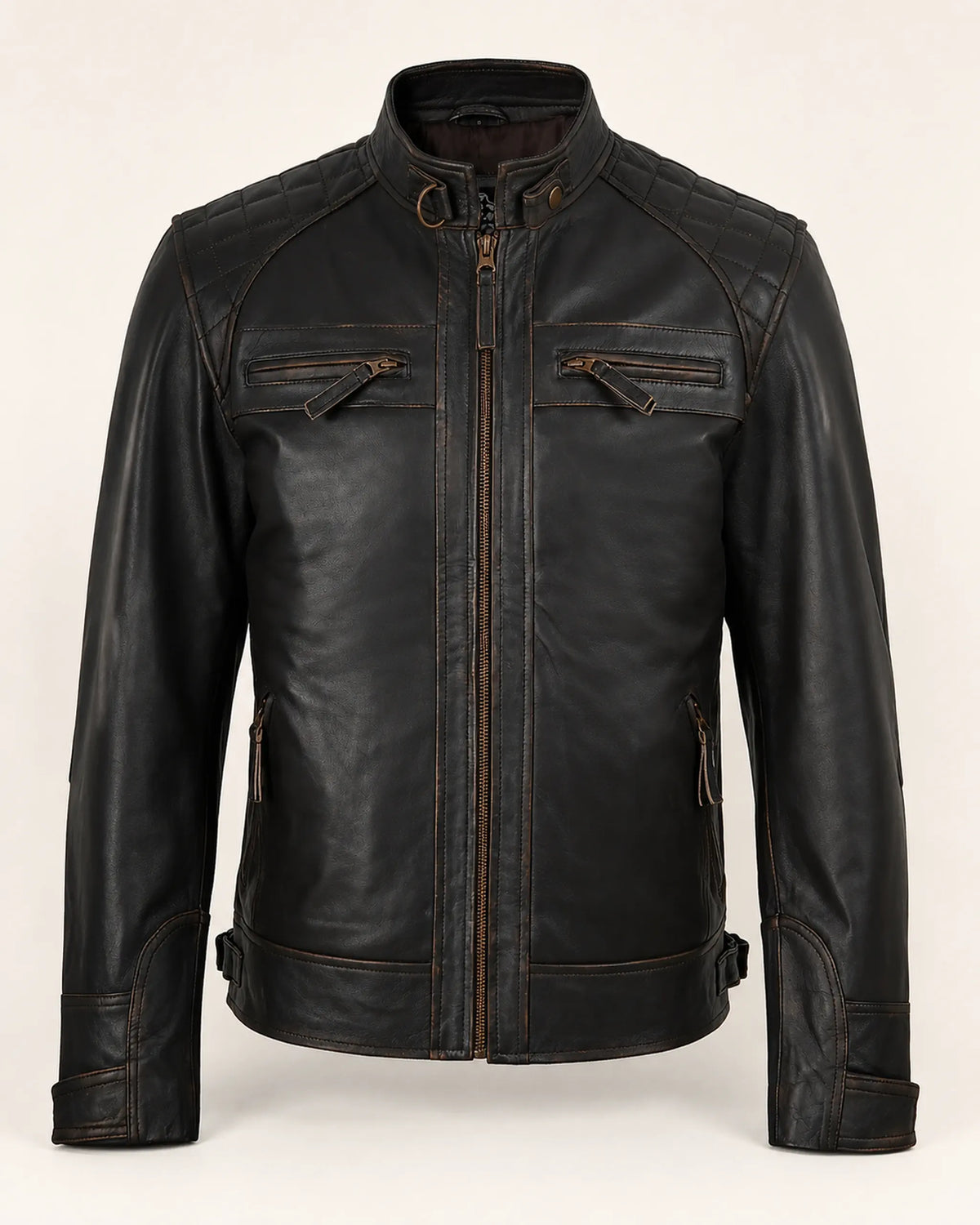 Premium Men's Dark Brown Biker Leather Jacket with Quilted Shoulders