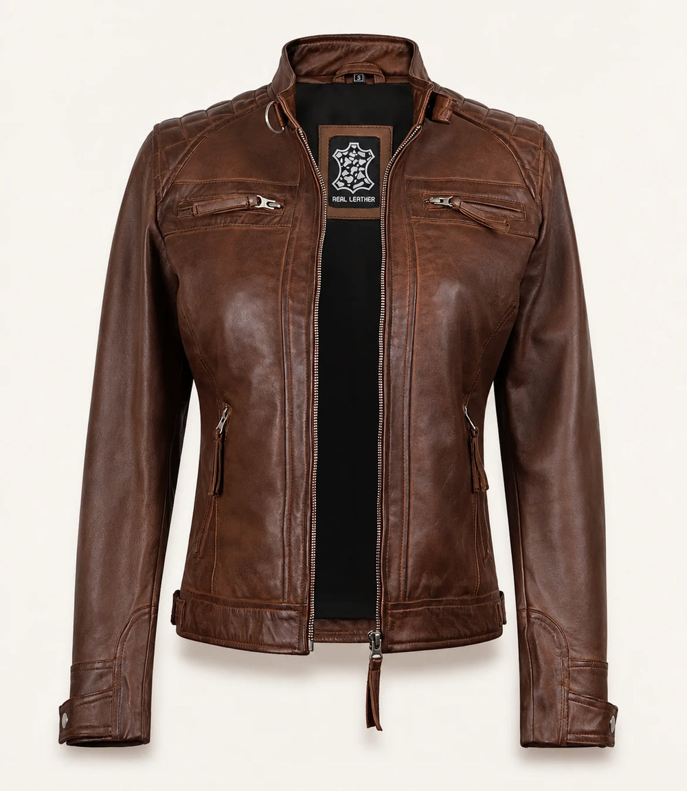 The Royal Women’s Cognac Lambskin Leather Biker Jacket with Quilted Shoulders