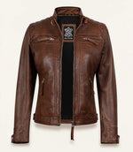 The Royal Women’s Cognac Lambskin Leather Biker Jacket with Quilted Shoulders