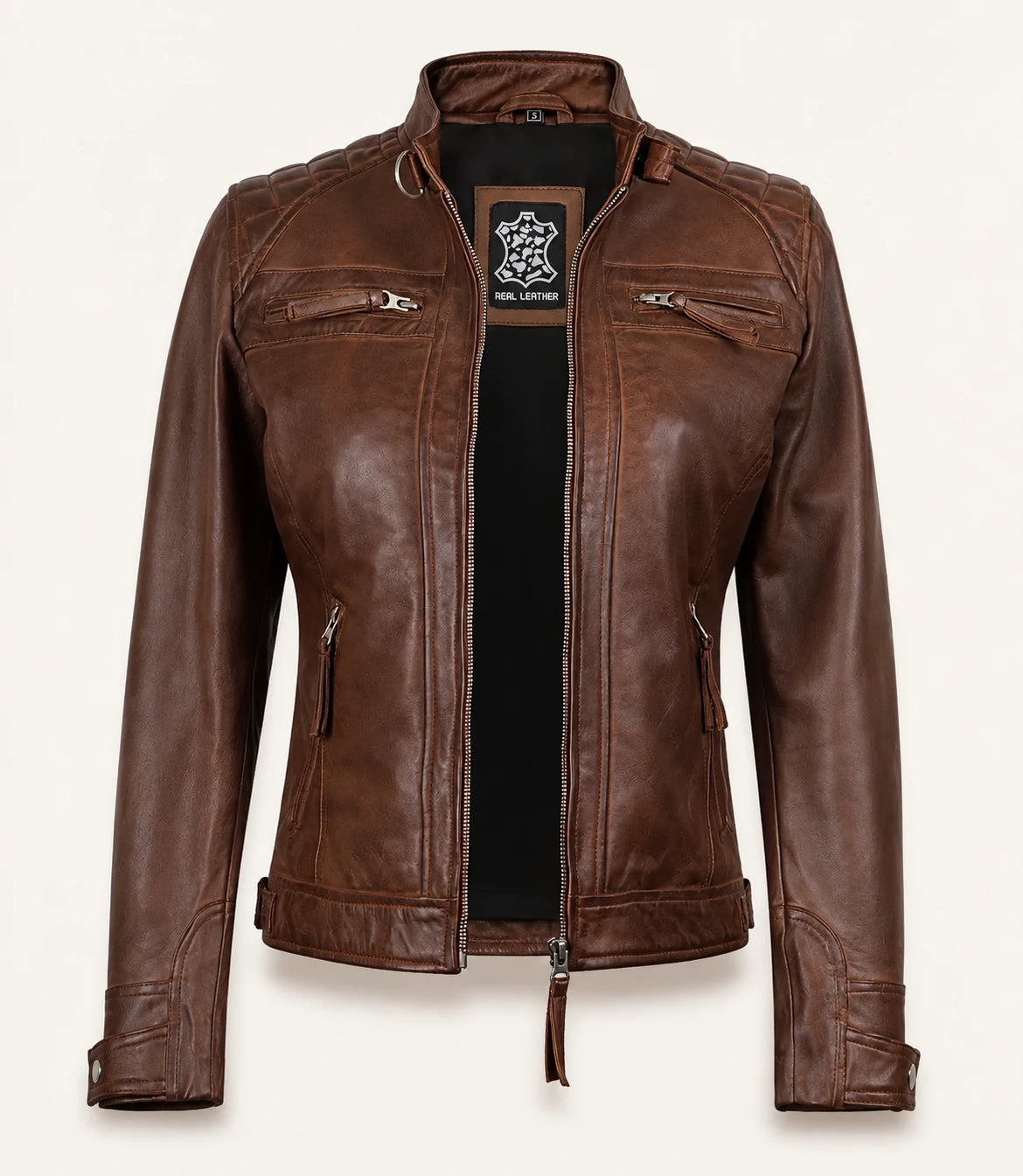 The Royal Women’s Cognac Lambskin Leather Biker Jacket with Quilted Shoulders