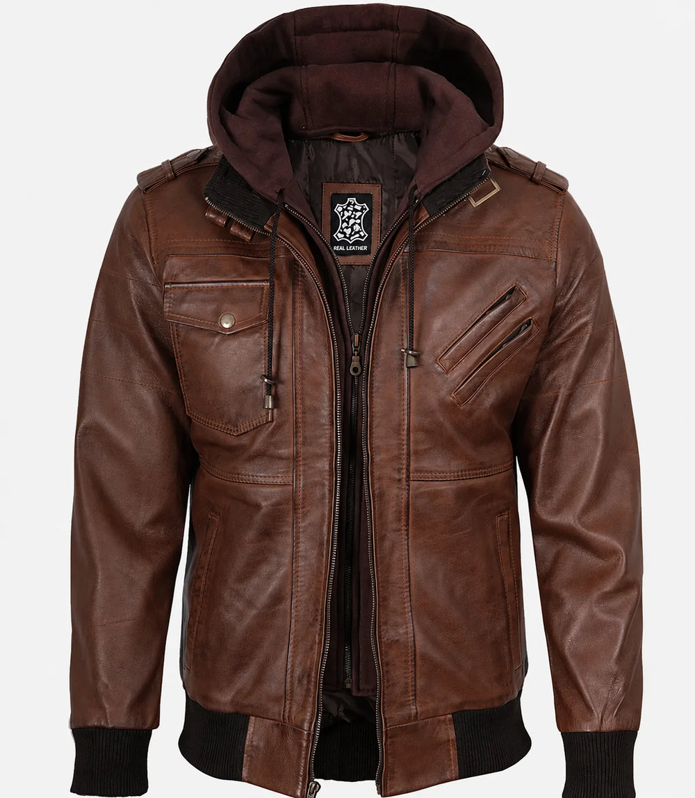 The Royal Men’s Cognac Real Lambskin Leather Bomber Jacket with Removable Hood