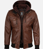 The Royal Men’s Cognac Real Lambskin Leather Bomber Jacket with Removable Hood