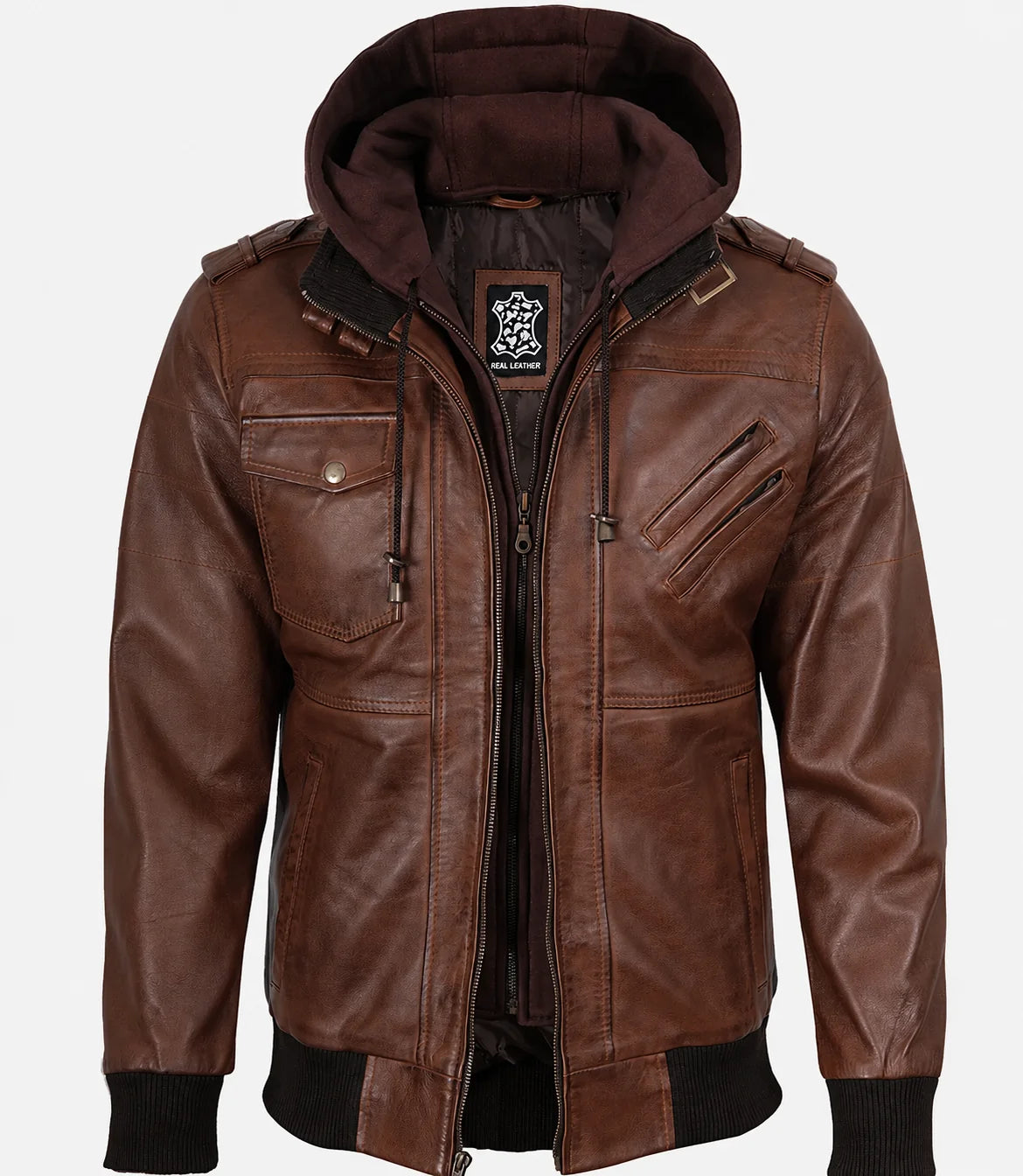 The Royal Men’s Cognac Real Lambskin Leather Bomber Jacket with Removable Hood