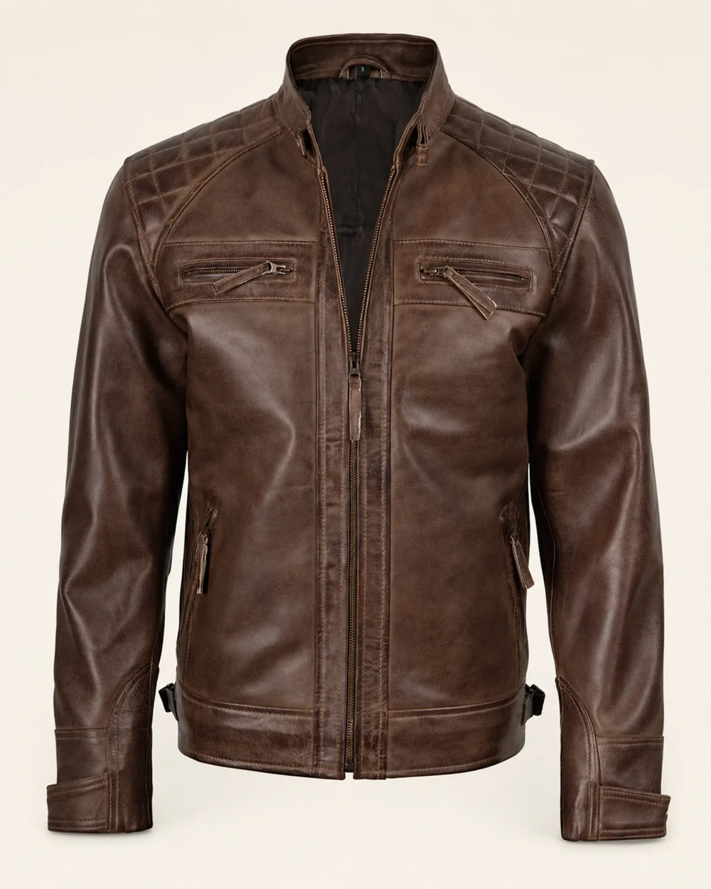 Heritage Men’s Chocolate Brown Leather Biker Jacket with Quilted Shoulders