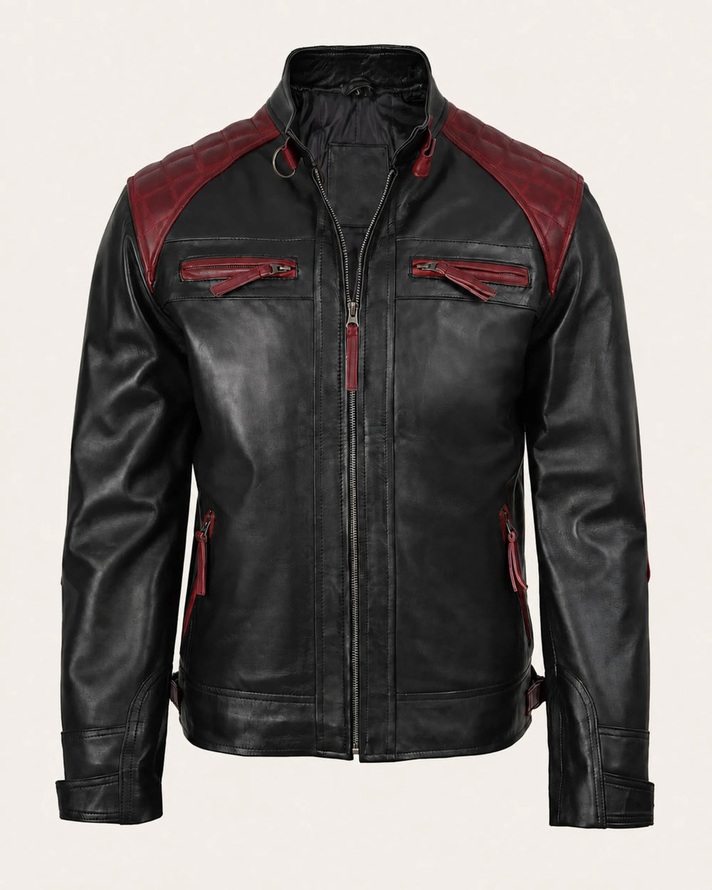 Elite Men's Black & Maroon Quilted Leather Biker Jacket