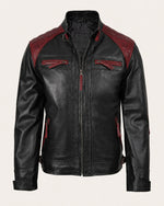Elite Men's Black & Maroon Quilted Leather Biker Jacket