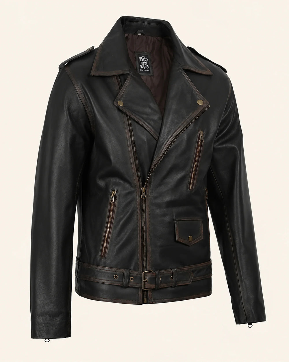 Classic Men's Distressed Dark Brown Leather Biker Jacket with Belt