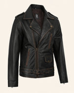 Classic Men's Distressed Dark Brown Leather Biker Jacket with Belt