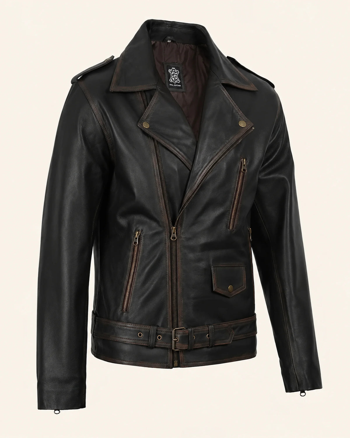 Classic Men's Distressed Dark Brown Leather Biker Jacket with Belt