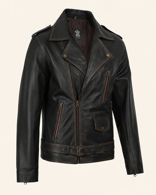 Classic Men's Distressed Dark Brown Leather Biker Jacket with Belt