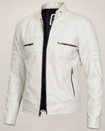Luxury Men’s Off White Biker Leather Jacket with Mandarin Collar