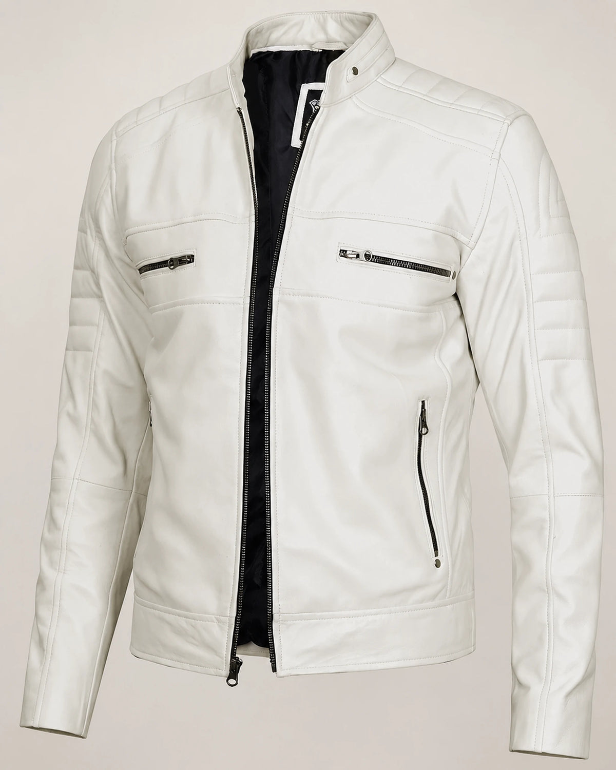 Luxury Men’s Off White Biker Leather Jacket with Mandarin Collar