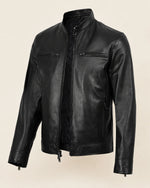 Modern Men's Black Biker Style Leather Jacket with Mandarin Collar