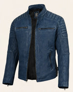 Luxury Men's Washed Blue Biker Leather Jacket with Zip Cuffs