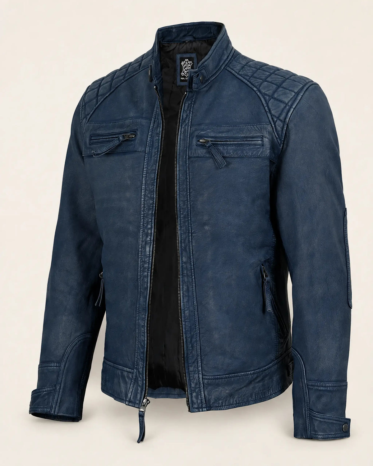Heritage Men's Blue Leather Biker Jacket
