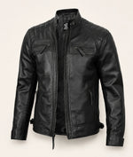 The Royal Men’s Black Lambskin Leather Biker Jacket with Quilted Shoulders