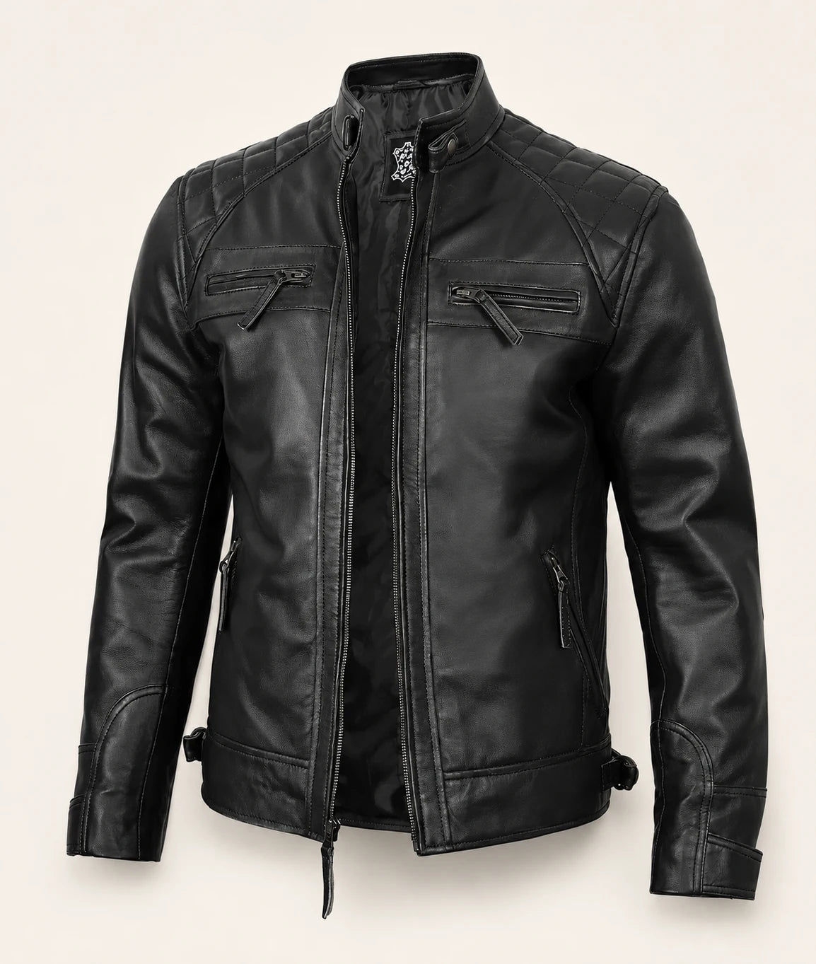 The Royal Men’s Black Lambskin Leather Biker Jacket with Quilted Shoulders