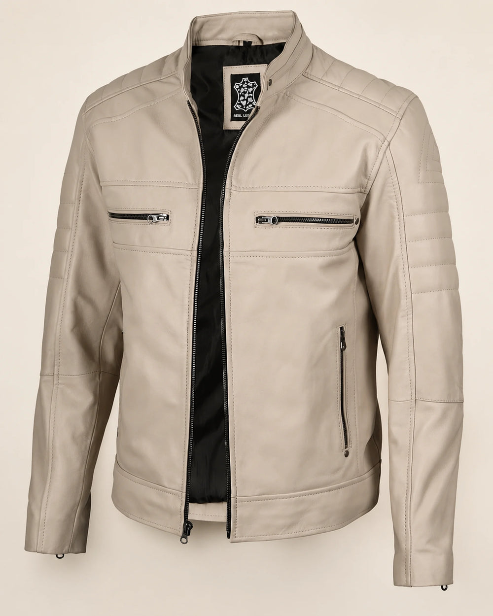 Luxury Men’s Beige Leather Biker Jacket with Mandarin Collar