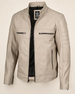 Luxury Men’s Beige Leather Biker Jacket with Mandarin Collar