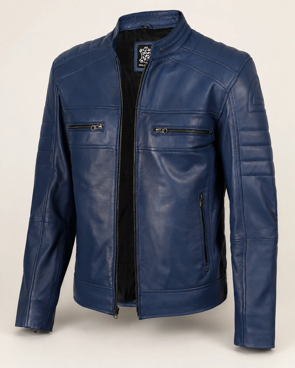 Classic Men's Blue Café Racer Leather Biker Jacket with Zip Cuffs