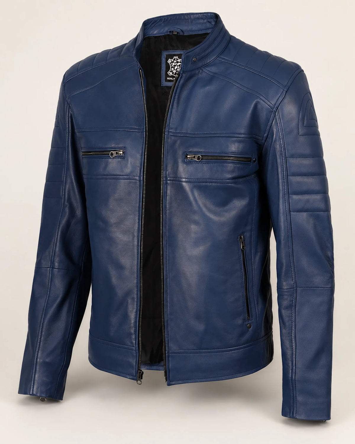 Classic Men's Blue Café Racer Leather Biker Jacket with Zip Cuffs