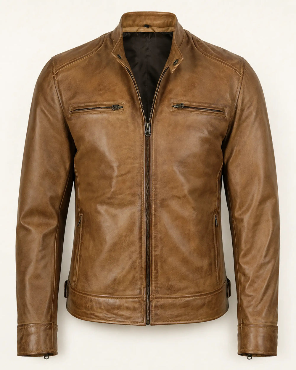 Elite Men's Camel Brown Biker Style Leather Jacket with Upright Collar