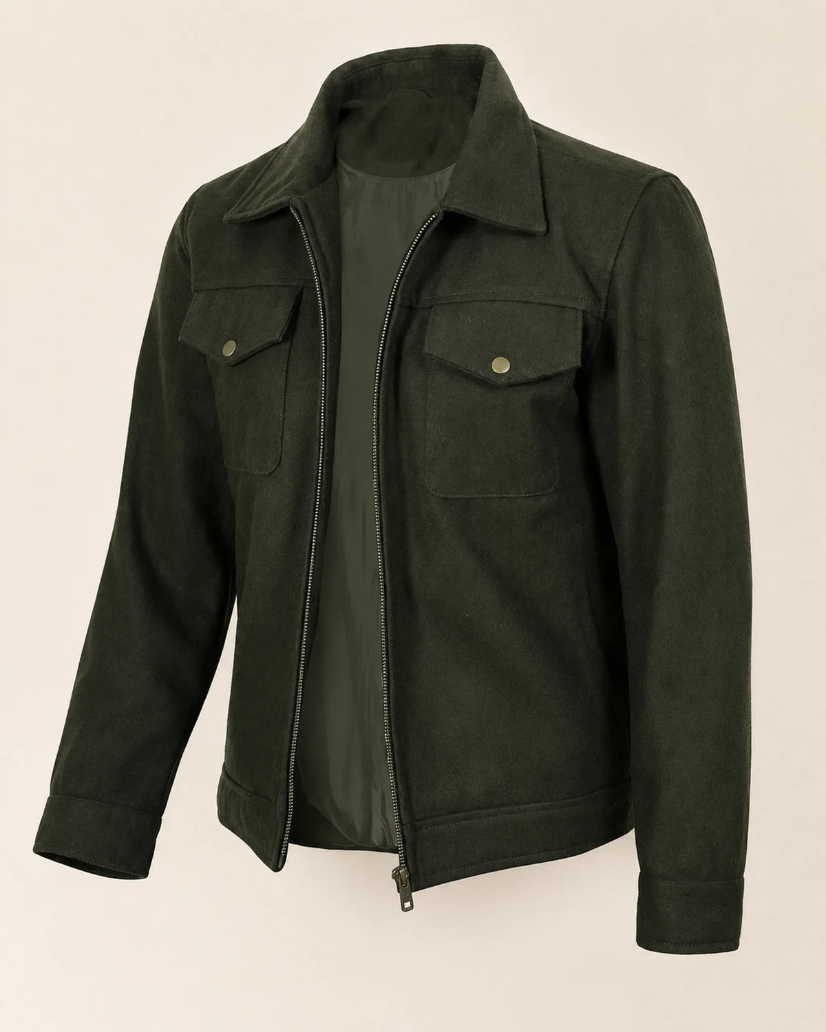 Premium Men's Olive Green Wool Utility Jacket with Zip Closure